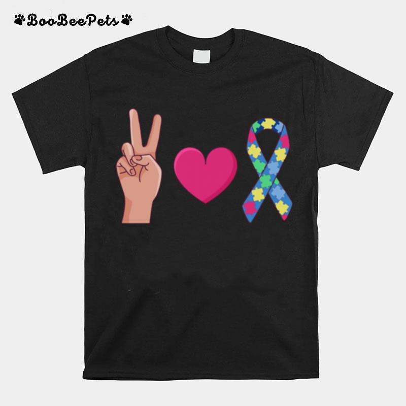 Peace Love Autism Puzzle Ribbon Awareness T-Shirt