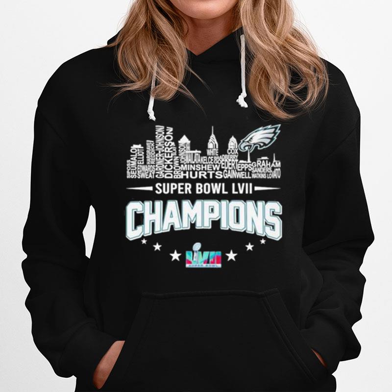 Philadelphia Eagles Players City Skyline Super Bowl Lvii 2023 Champions Hoodie