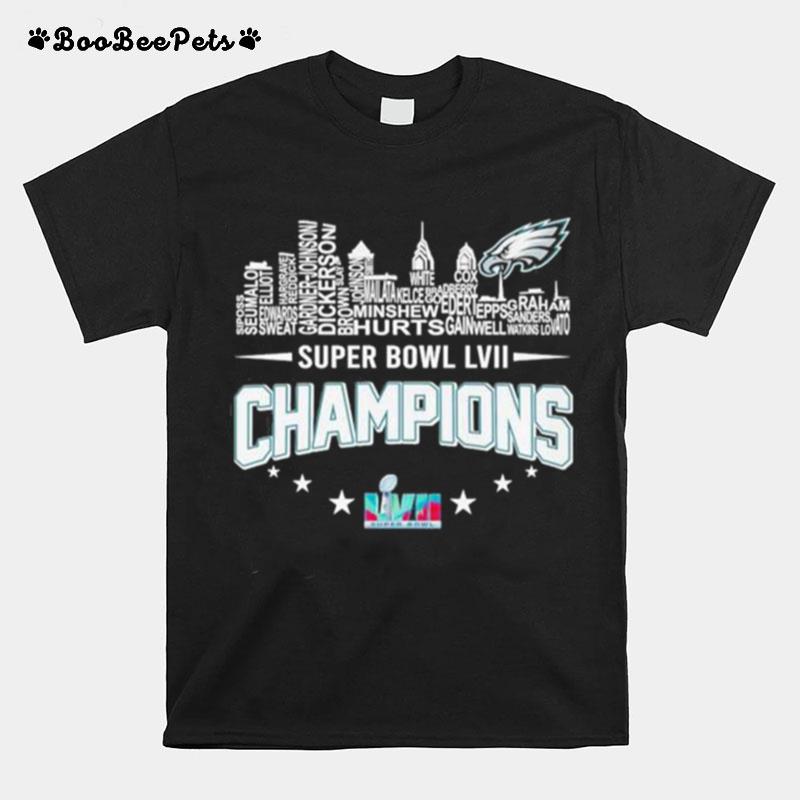 Philadelphia Eagles Players City Skyline Super Bowl Lvii 2023 Champions T-Shirt