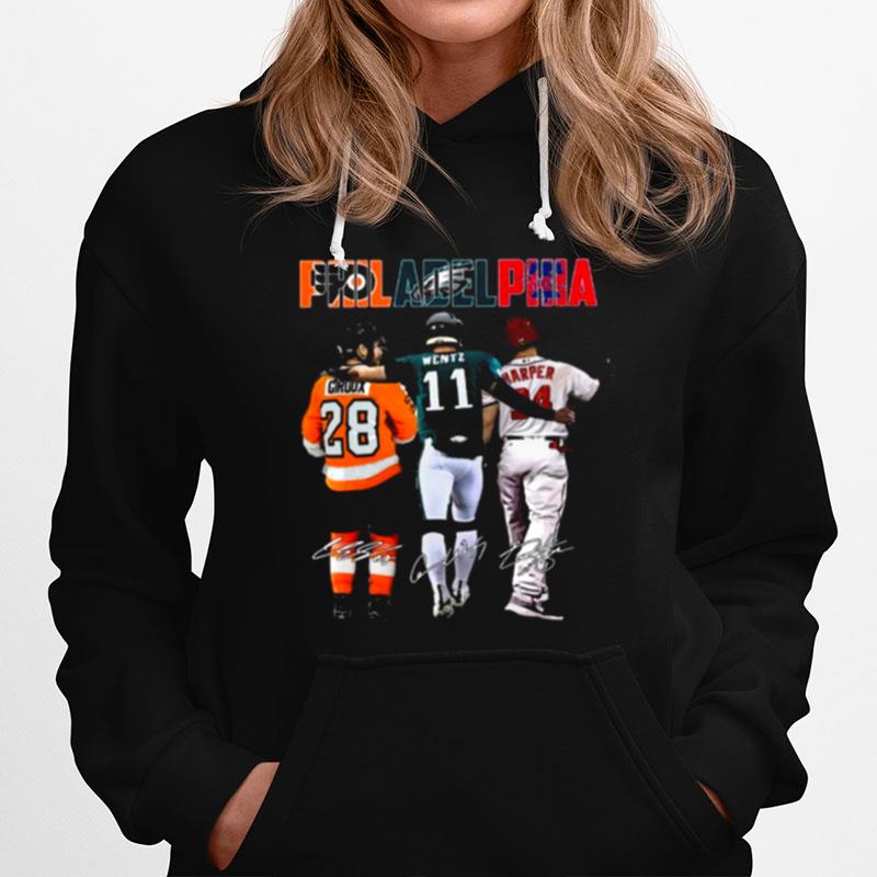 Philadelphia Sport Teams 28 Giroux 11 Wentz And 34 Harper Signatures Hoodie