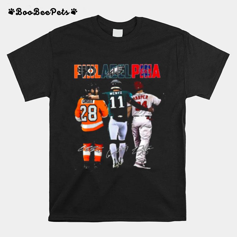 Philadelphia Sport Teams 28 Giroux 11 Wentz And 34 Harper Signatures T-Shirt