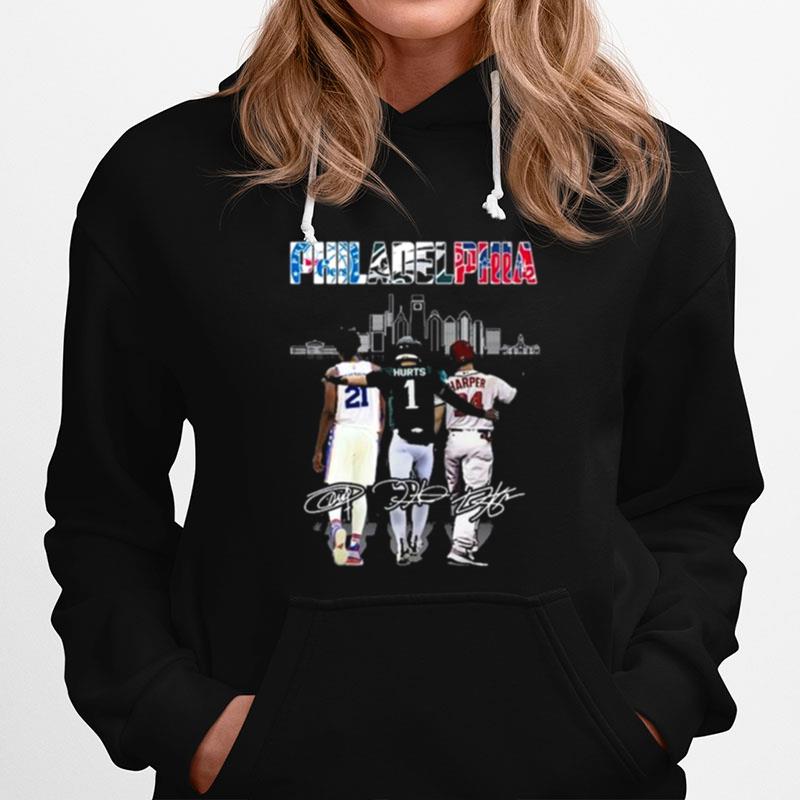 Philadelphia Sports Skyline Joel Embiid Jalen Hurts And Bryce Harper Signatures Hoodie