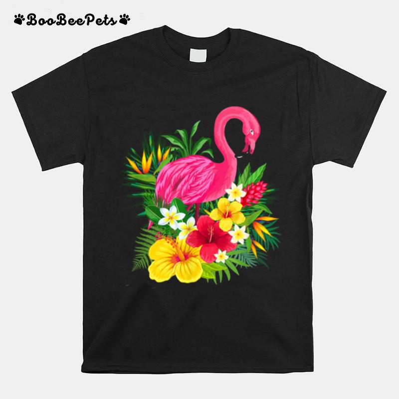 Pink Flamingo Tropical Flowers Tropical Ferns T-Shirt