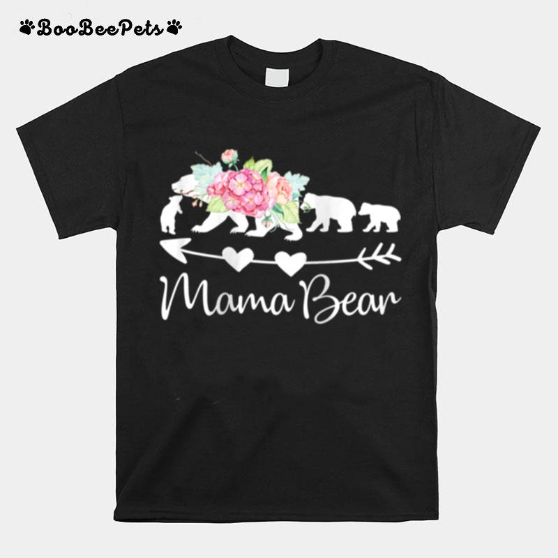 Pink Watercolor Roses Floral Mama Bear And Three Cubs T-Shirt