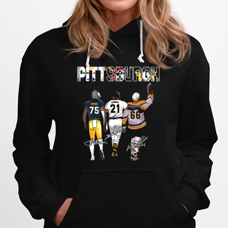 Pittsburgh Sport Teams With 75 Greene 21 Clemente And 66 Mario Lemieux Signatures Hoodie