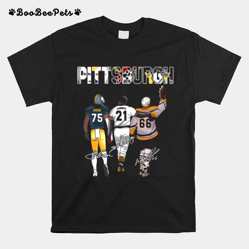 Pittsburgh Sport Teams With 75 Greene 21 Clemente And 66 Mario Lemieux Signatures T-Shirt