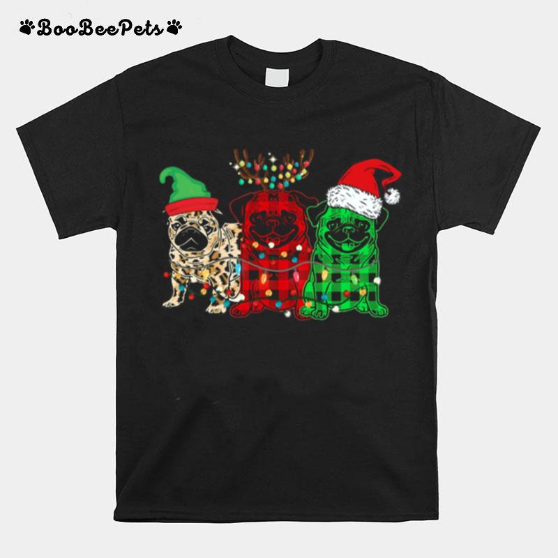 Pug Elf Reindeer Santa Light Merry Christmas T-Shirt