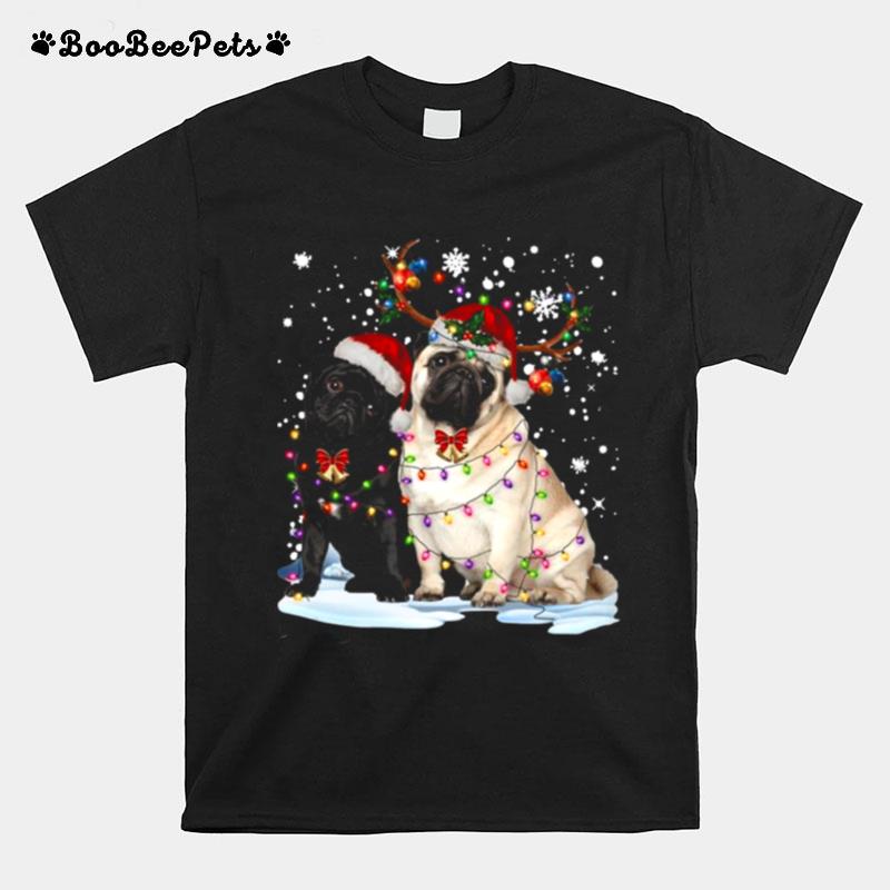 Pug Santa Reindeer Merry Christmas Light T-Shirt