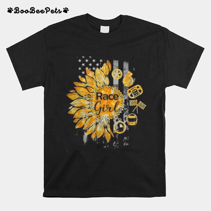 Race Girl Sunflower American Flag T-Shirt