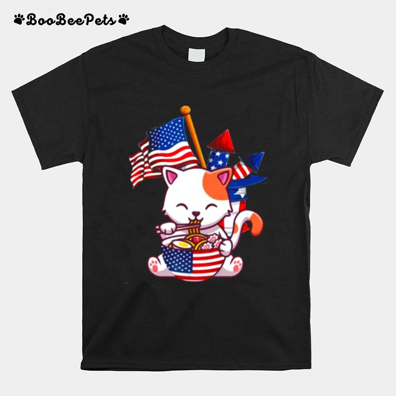 Ramen Cat Anime Usa American 4Th Of July T-Shirt