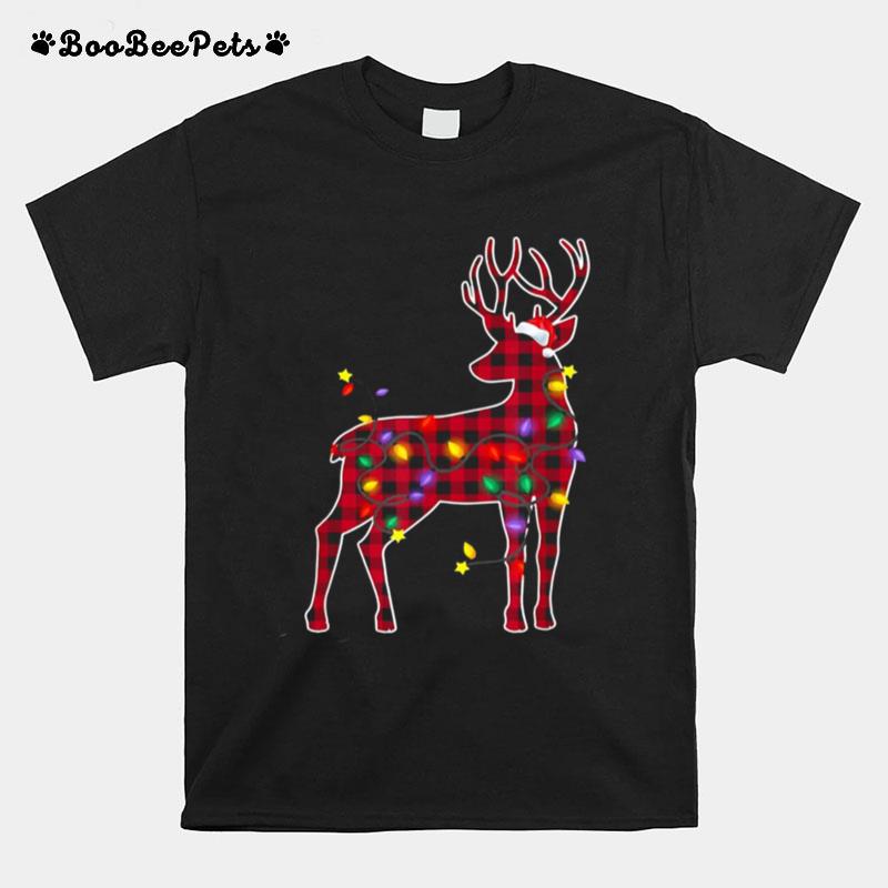 Red Plaid Buffalo Deer Christmas Pajamas Xmas Lights T-Shirt