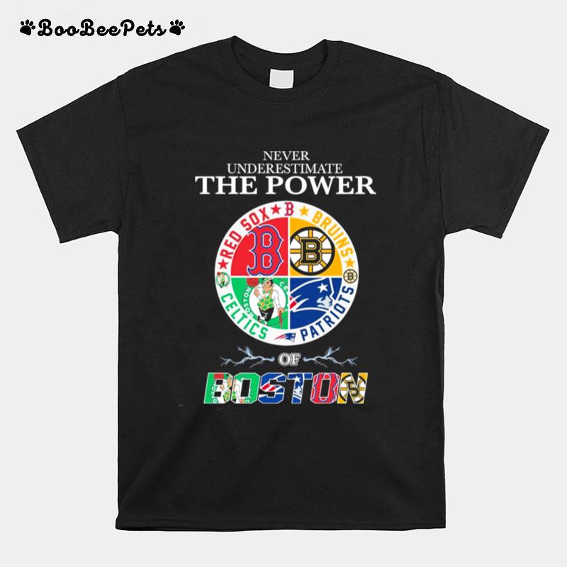 Red Sox Bruins Patriots And Celtics Never Underestimate The Power Of Boston T-Shirt