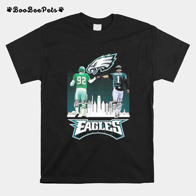 Reggie White And Jalen Hurts Philadelphia Eagles City Skyline Signatures T-Shirt