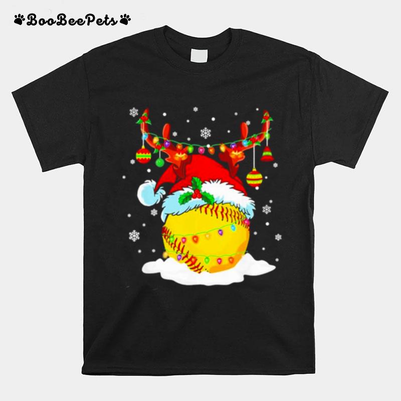Reindeer Santa Hat Softball Softball Mom Christmas Light T-Shirt