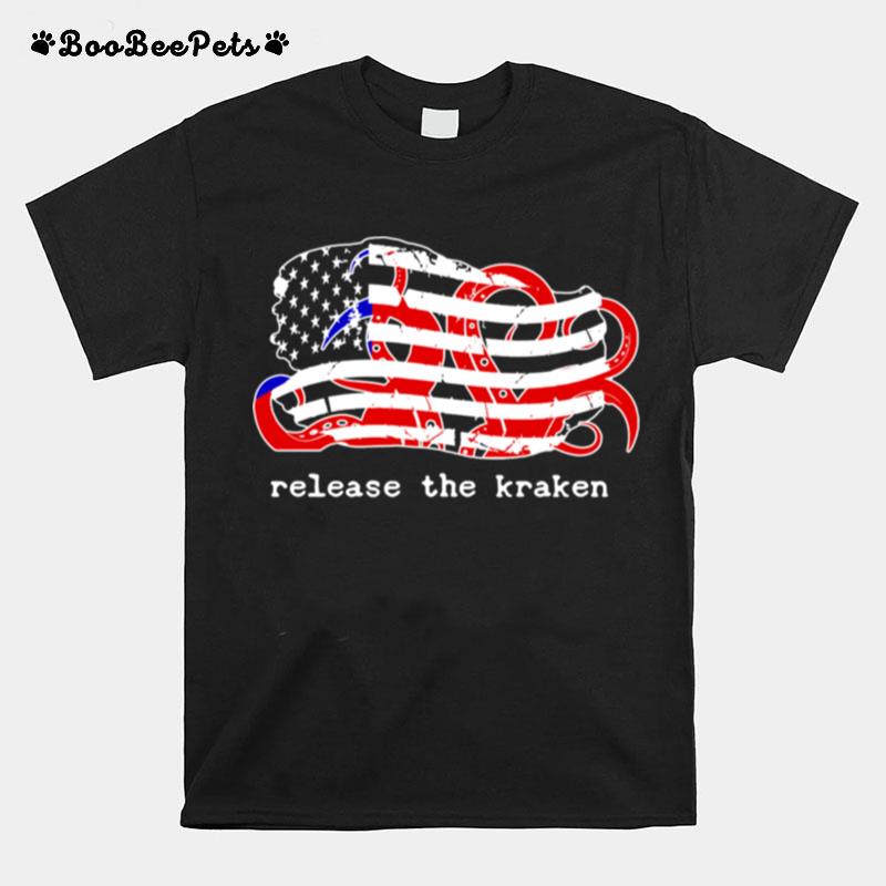 Release The Kraken Red White Blue Distressed American Flag T-Shirt