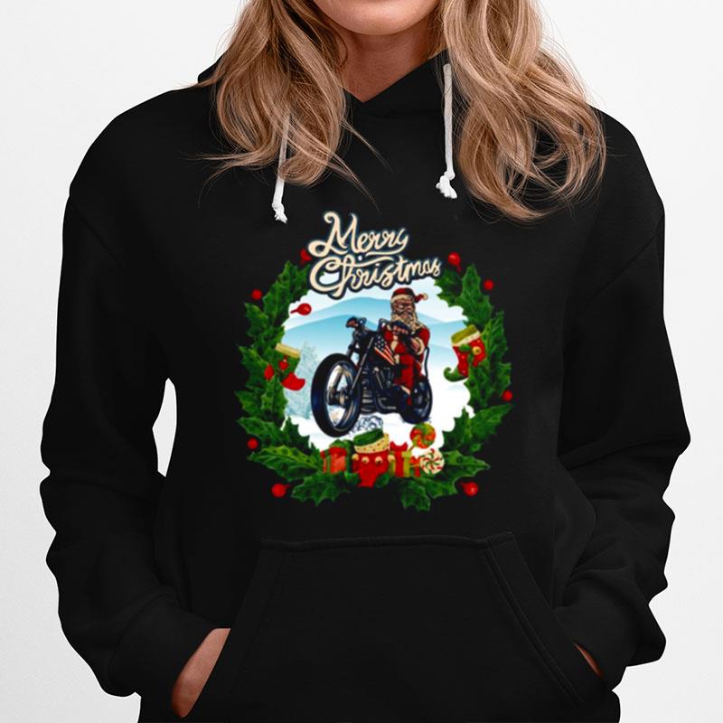 Retro Art Merry Christmas Happy Santa On Motorbike Hoodie