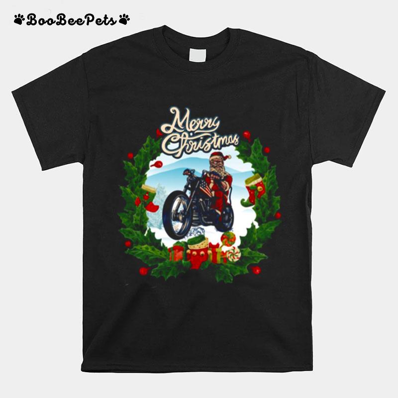 Retro Art Merry Christmas Happy Santa On Motorbike T-Shirt