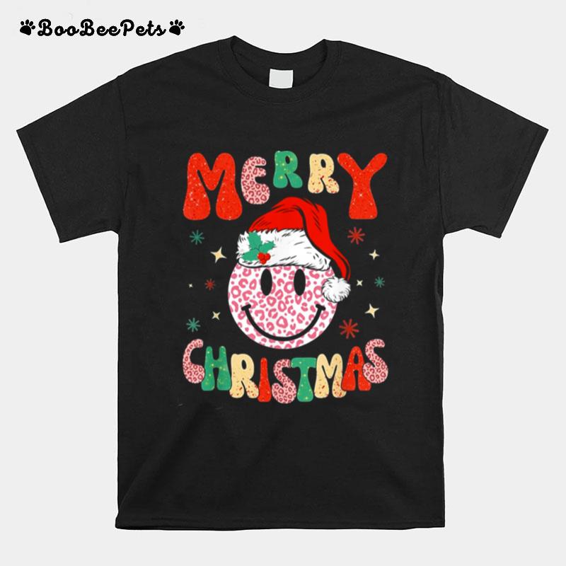 Retro Santa Hat Leopard Smile Face Christmas T-Shirt