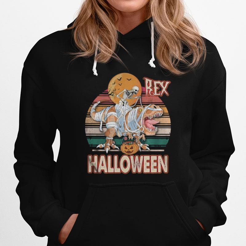 Skeleton Riding Mummy Saurus Rex Halloween Vintage Retro Hoodie