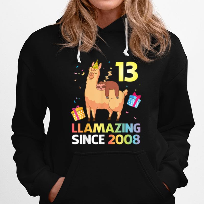 Sloth Sleep On Llama Birthday 13 Years Llamazing Since 2008 Hoodie