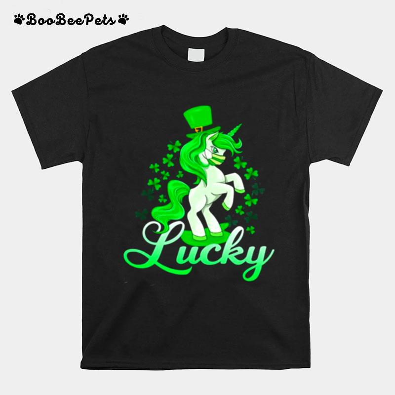 St.Patricks Day Girls Lucky Unicorn Shamrock Wearing Mask T-Shirt