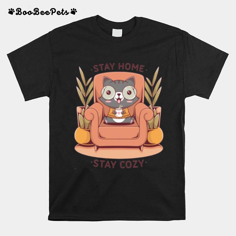 Stay Home Stay Cozy Cute Cat Fall Season T-Shirt