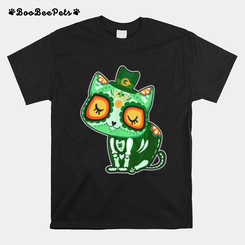 Sugar Skull Cat St Patricks Day Of Dead T-Shirt