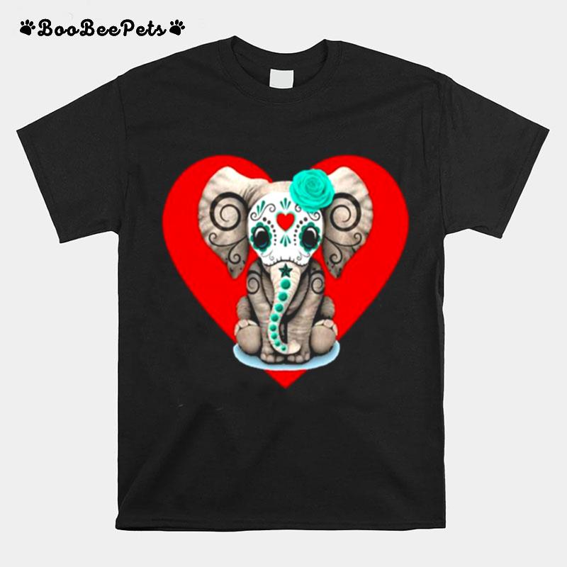 Sugar Skull Elephant Heart Valentines Day T-Shirt