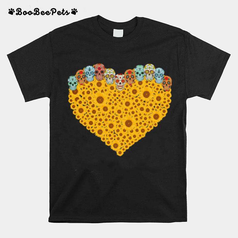 Sugar Skull Head Sunflower Heart T-Shirt