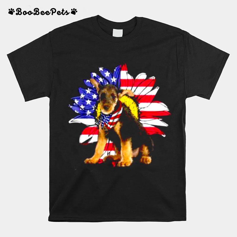 Sunflower American Flag Airedale Terrier Dog Lovers Owners T-Shirt