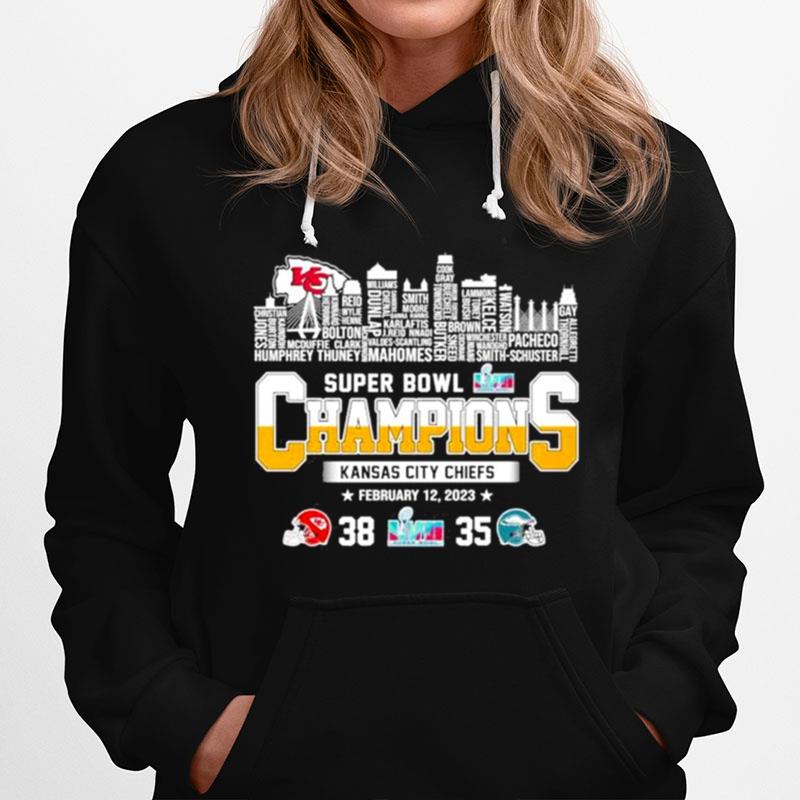 Super Bowl Lvii Champions Kansas City Chiefs 38 35 Eagles Players Names City Skyline Hoodie