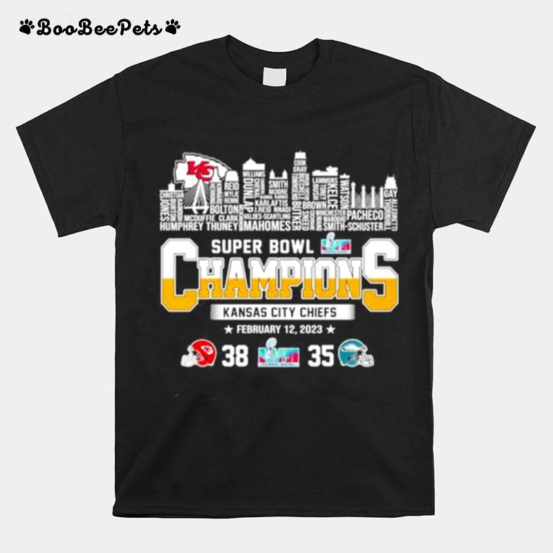 Super Bowl Lvii Champions Kansas City Chiefs 38 35 Eagles Players Names City Skyline T-Shirt