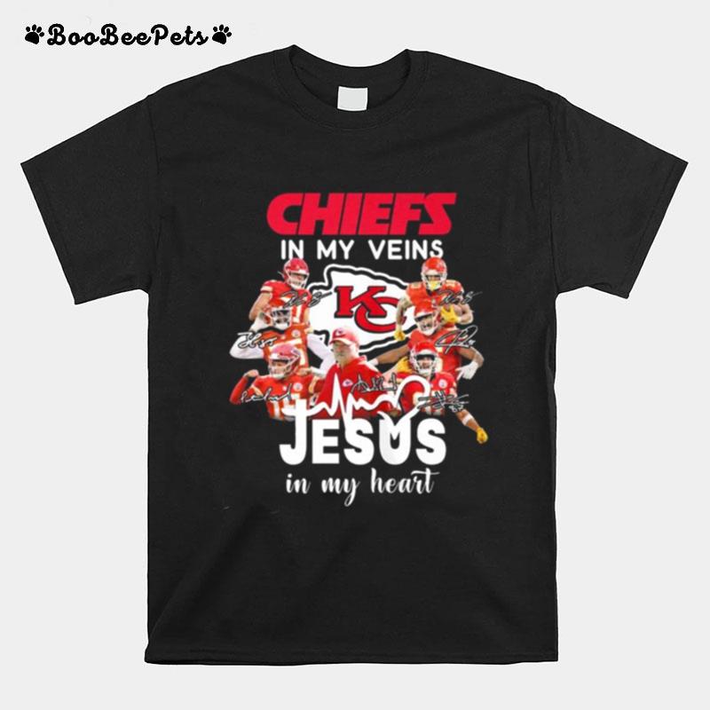 Super Bowl Lvii Champions Kansas City Chiefs In My Veins Jesus In My Heart Signatures T-Shirt