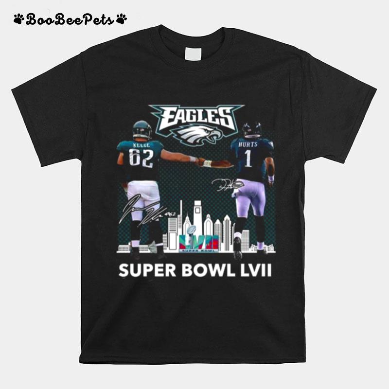 Super Bowl Lvii Jalen Hurts And Travis Kelce Philadelphia Eagles Skyline Signatures T-Shirt