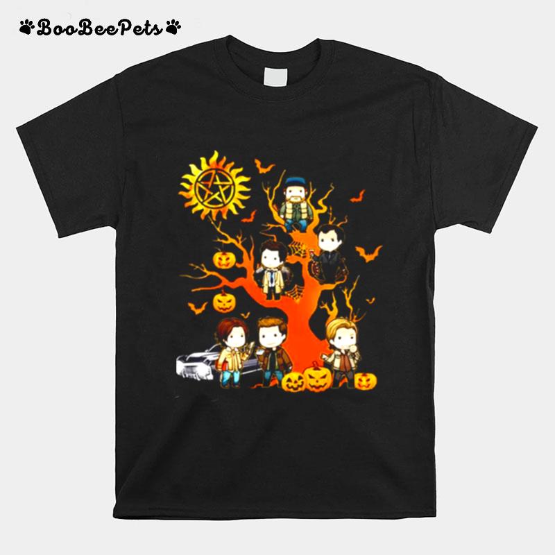 Supernatural Characters Chibi On Halloween Tree T-Shirt