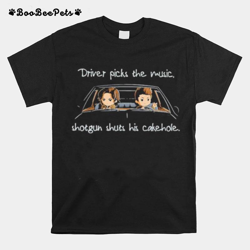 Supernatural Dean Winchester Sam Winchester Chibi Driver Picks The Music Shotgun Shuts His Cakehole T-Shirt