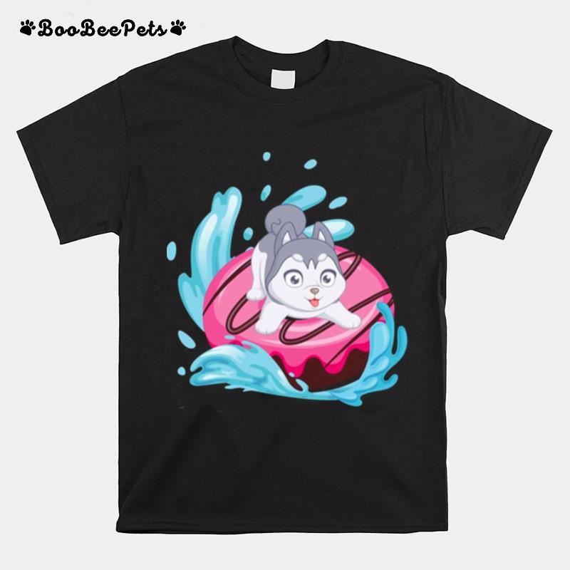 Surfing On A Doughnut Siberian Husky Dog Donut Husky Donut T-Shirt