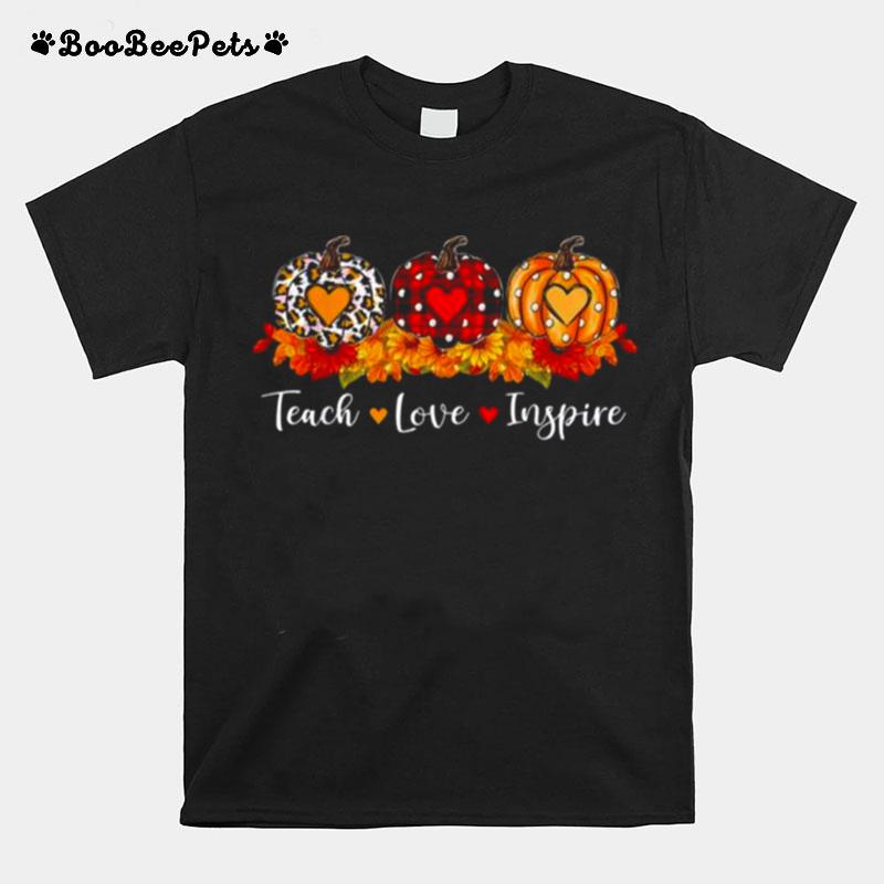 Teach Love Inspire Teacher Autumn Fall Leopard Plaid Pumpkin T-Shirt