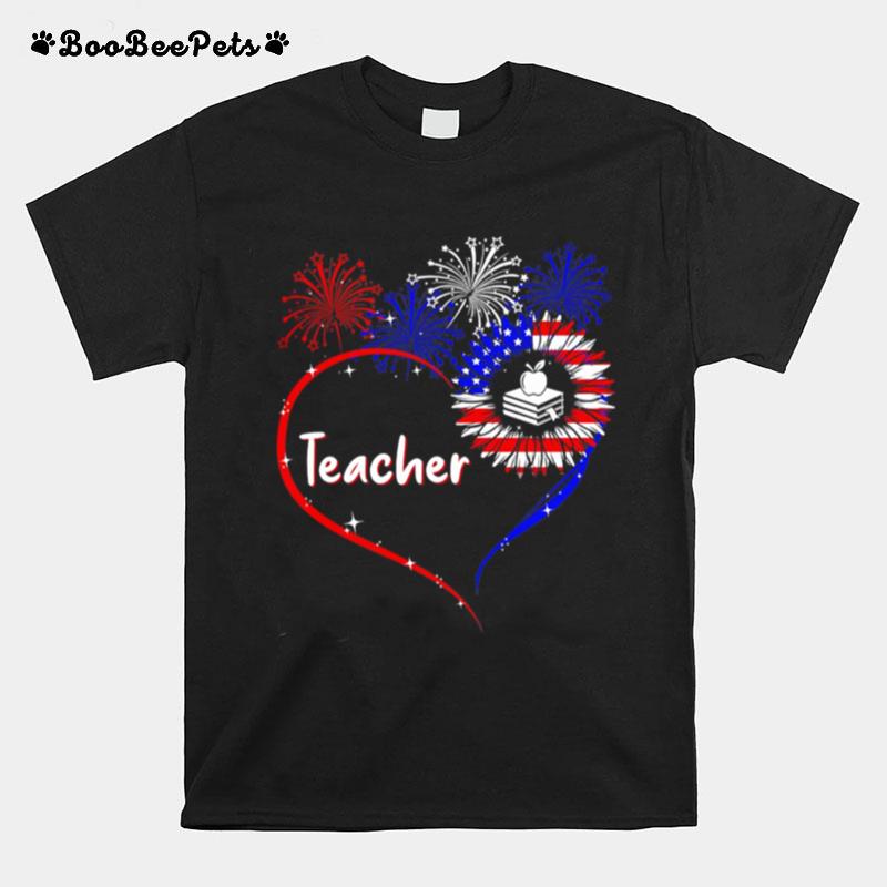 Teacher Heart Firework 4Th Of July T-Shirt