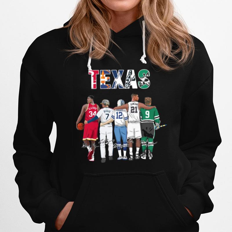 Texas Sport Teams With 34 Olajuwon 7 Biggio 12 Staubach 21 Duncan And 9 Modano Signatures Hoodie