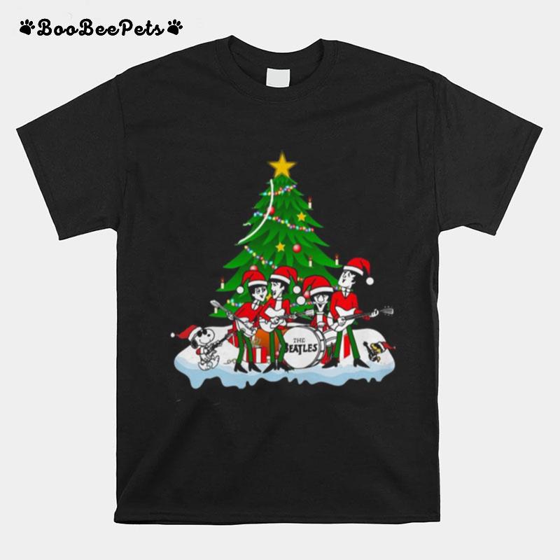 The Beatles Rock Band Snoopy And Woodstock Merry Christmas Tree T-Shirt