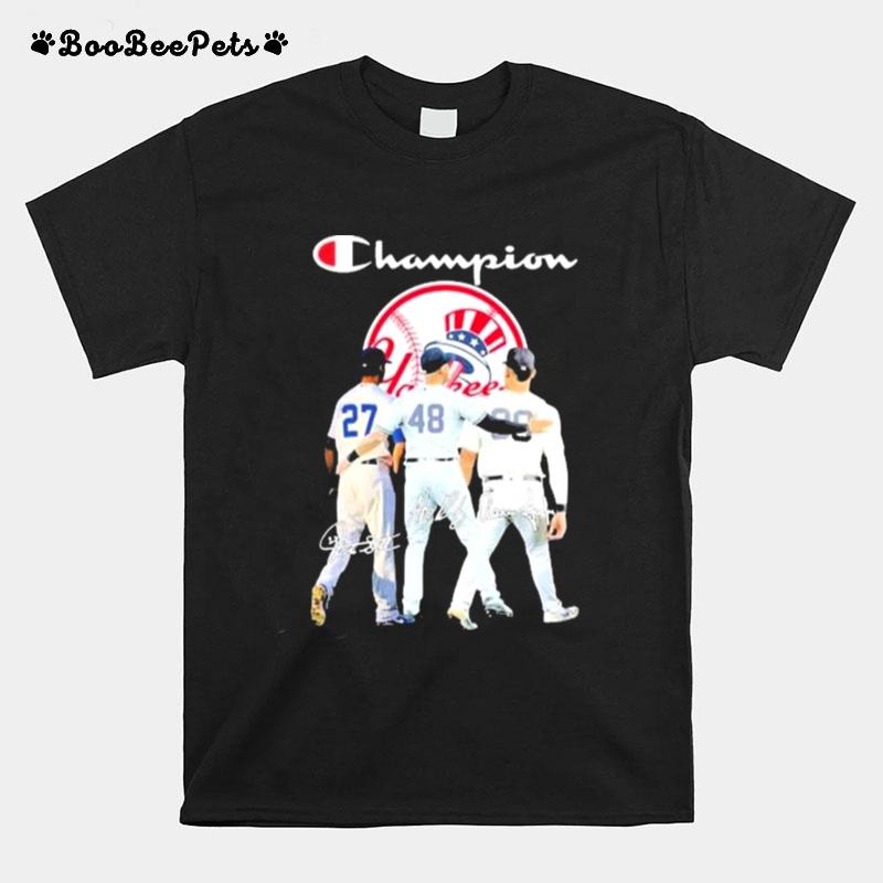 The Champions New York Yankees New York Yankees Champion Matty Alou Aaron Judge And Anthony Vincent Rizzo Signatures T-Shirt