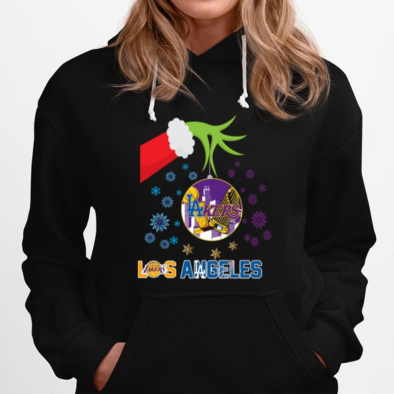 The Grinch Hand Holding Ornament Los Angeles Lakers And Los Angeles Dodgers Christmas Hoodie