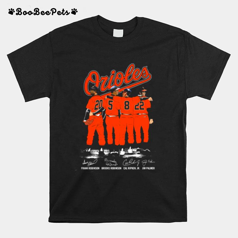 The Orioles Frank Robinson Brooks Robinson Cal Ripken Jr And Jim Palmer Signatures T-Shirt