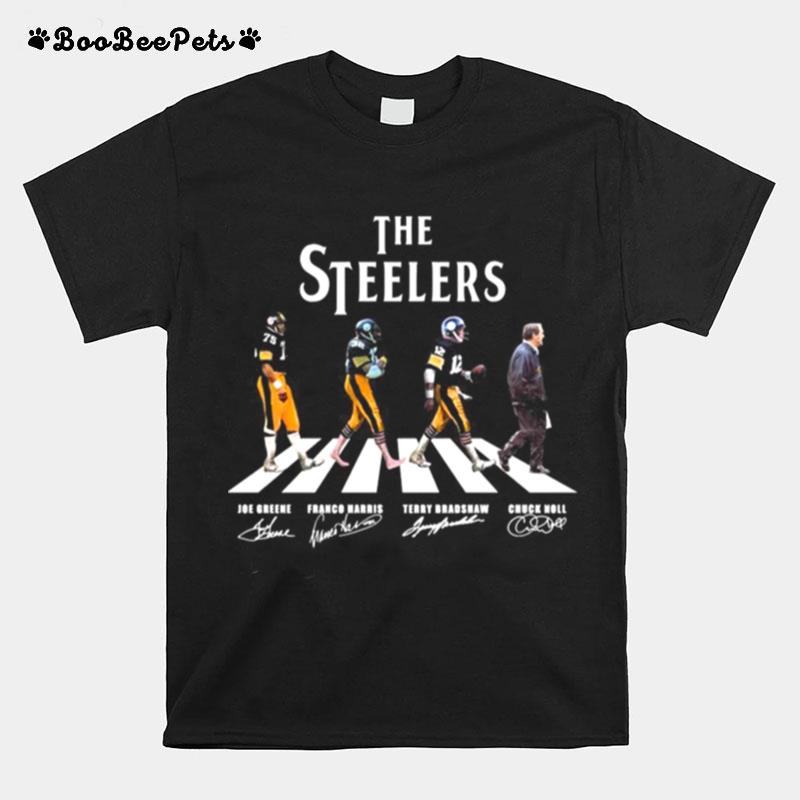 The Steelers Joe Greene Franco Harris Terry Bradshaw And Chuck Noll Abbey Road Signatures T-Shirt