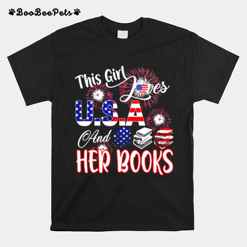 This Girl Loves Usa And Her Books Firework American Flag T-Shirt