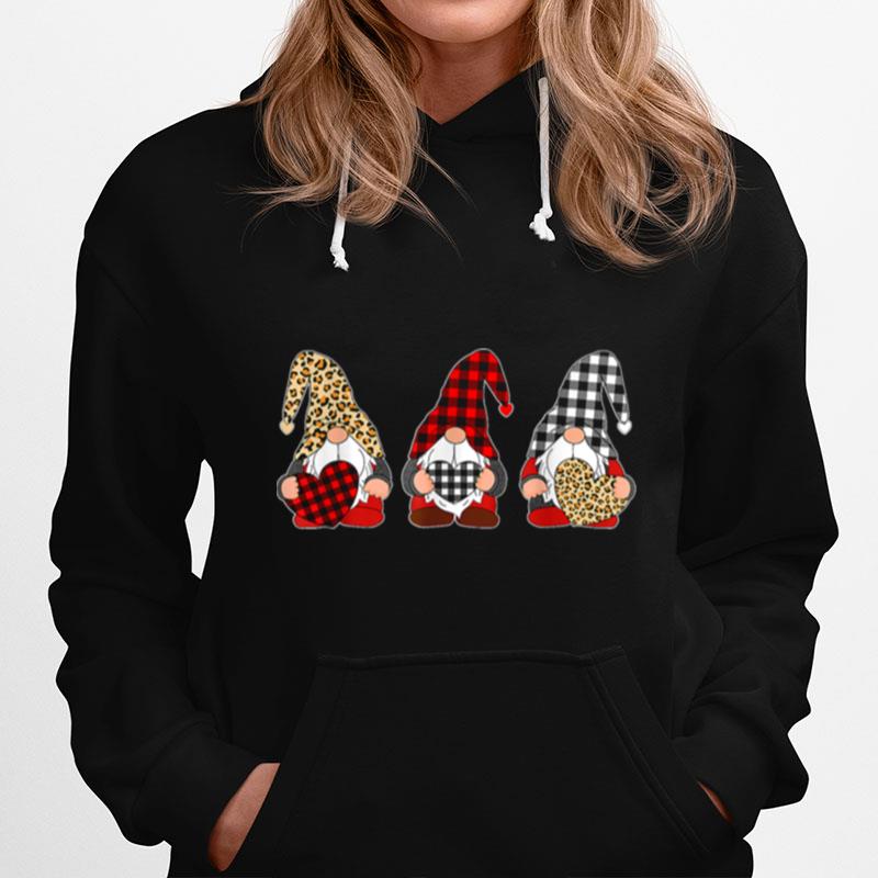 Three Gnomes Holding Leopard Heart Plaid Valentines Day Hoodie