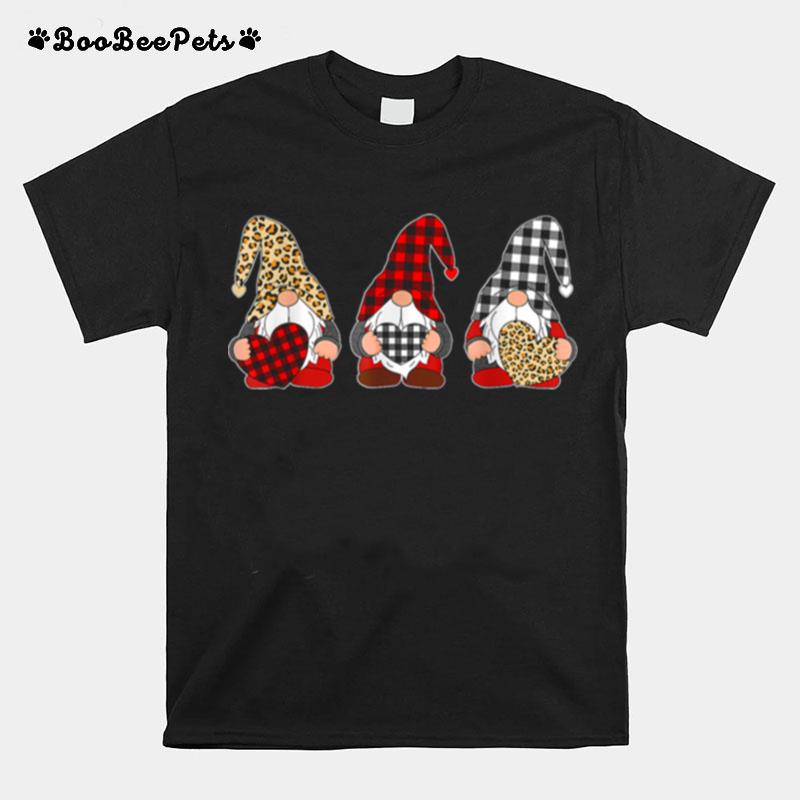 Three Gnomes Holding Leopard Heart Plaid Valentines Day T-Shirt