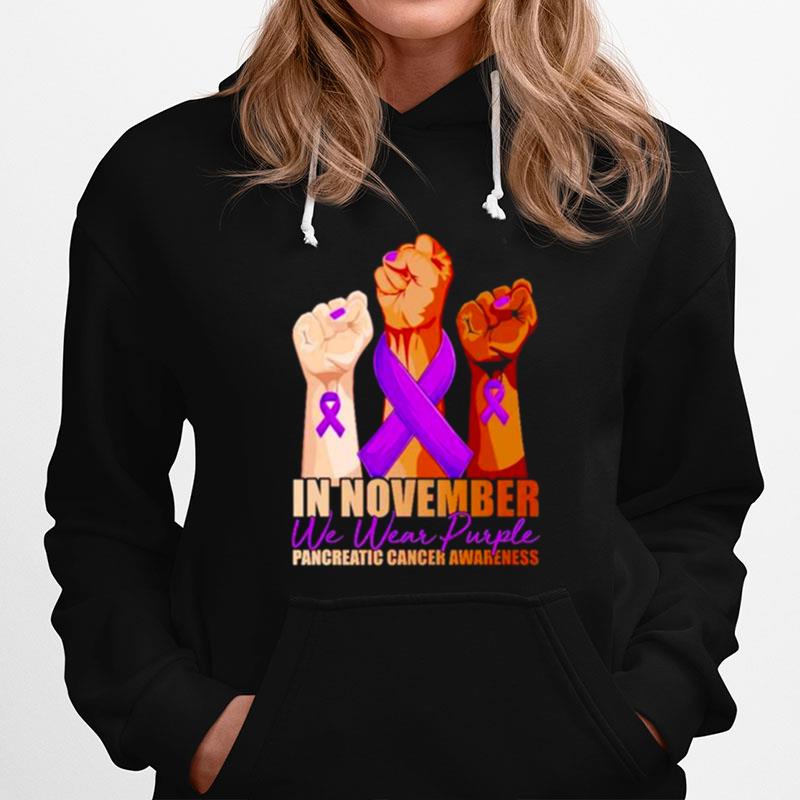 Top In November We Wear Purple Pancreatic Cancer Awareness Strong Fists Hoodie