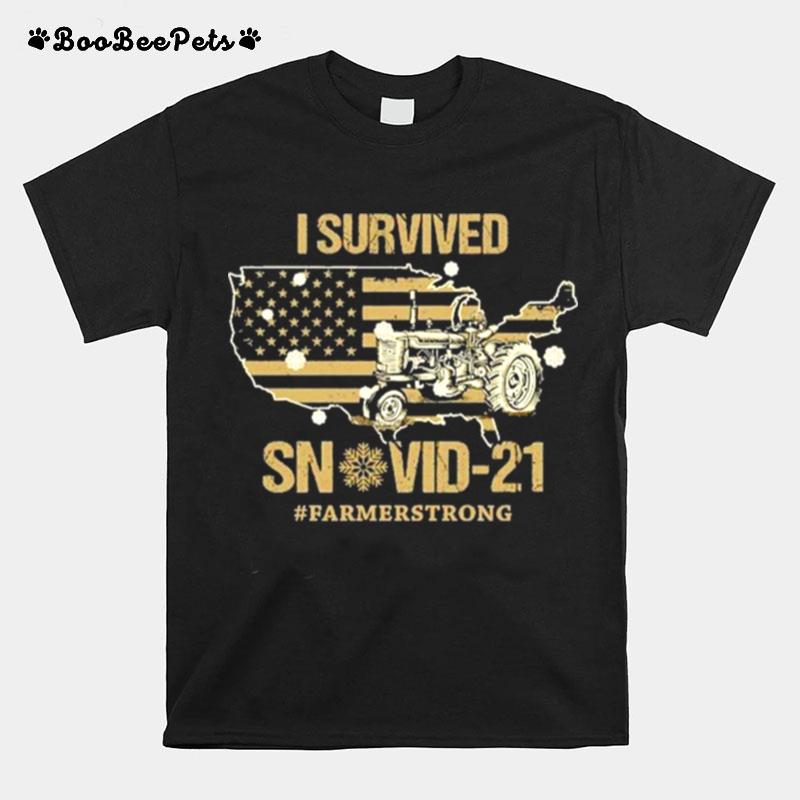 Tractor I Survived Snovid 21 Farmerstrong American Flag T-Shirt